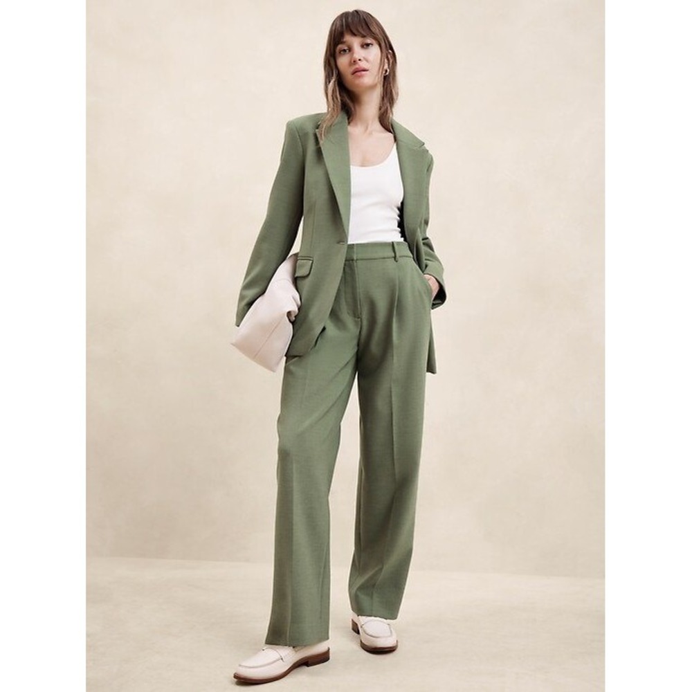 Banana Republic Double Weave Straight Trouser High Rise Green Heather Size 14